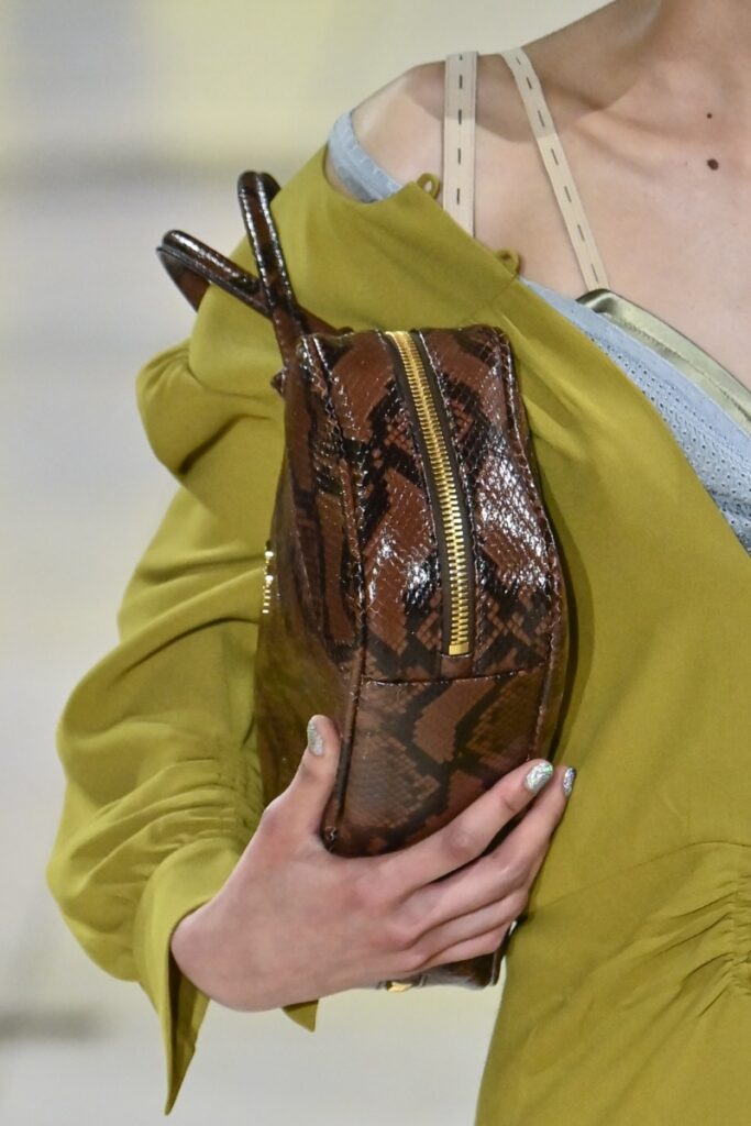 μοντέρνες τσάντες φθινόπωρο-χειμώνας 2025, τσάντα με μοτίβο φιδιού στην επίδειξη Miu Miu